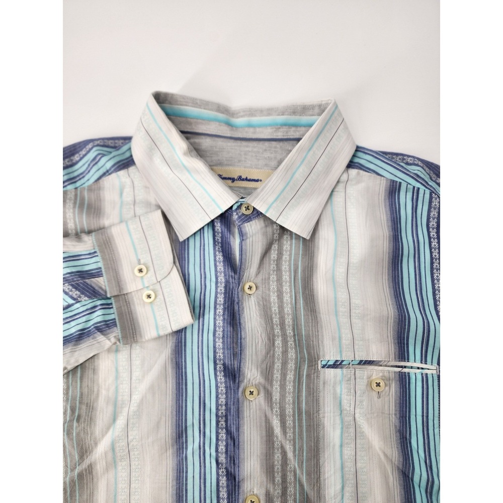 Tommy Bahama Mens XL Silk Blend Striped Long Sleeve Button Down Shirt Blue Grey